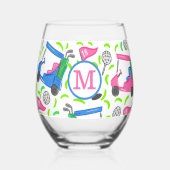 Preppy Monogram Golf Pink Blue Golf Cart Muster Weinglas Ohne Stiel (Vorderseite)