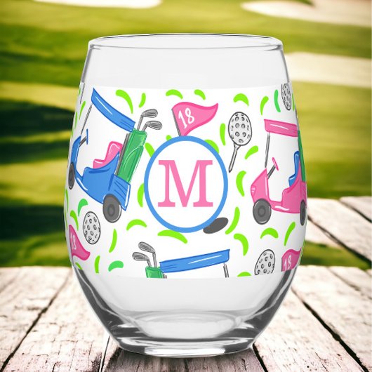 Preppy Monogram Golf Pink Blue Golf Cart Muster Weinglas Ohne Stiel