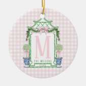 Preppy Monogram Pagoda mit Pink Gingham Bow Keramik Ornament (Vorne)