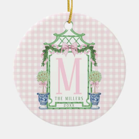 Preppy Monogram Pagoda mit Pink Gingham Bow Keramik Ornament (Vorne)