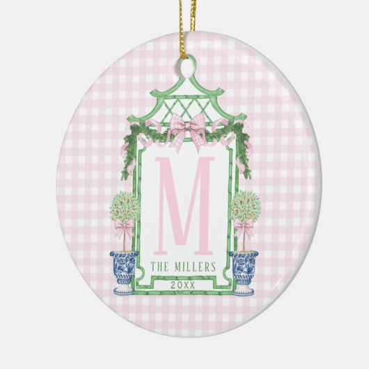 Preppy Monogram Pagoda mit Pink Gingham Bow Keramik Ornament (Links)
