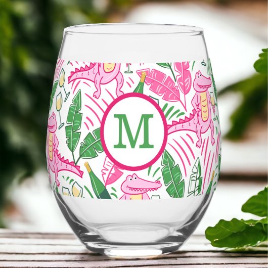 Preppy Monogram Pink Alligator Wein Weinglas Ohne Stiel