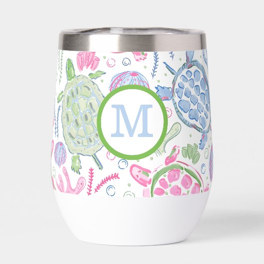 Preppy Monogram Pink Blue Sea Turtles (Rückseite)