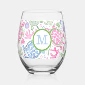 Preppy Monogram Pink Blue Sea Turtles Weinglas Ohne Stiel (Vorderseite)