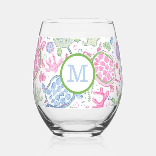 Preppy Monogram Pink Blue Sea Turtles Weinglas Ohne Stiel (Rückseite)