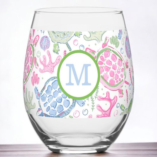 Preppy Monogram Pink Blue Sea Turtles Weinglas Ohne Stiel