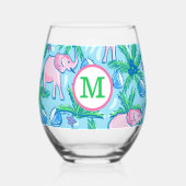 Preppy Monogram Pink Elephant Palm Tree Weinglas Ohne Stiel (Vorderseite)