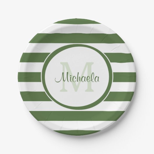 Preppy Monogram und Chunky Treetop Green Stripes Pappteller (Vorderseite)