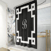 Preppy Monogram White Greece Key Border Black Duschvorhang
