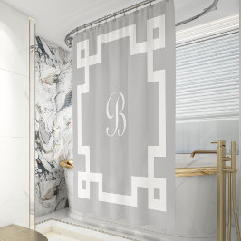 Preppy Monogram White Greek Key Border Gray Duschvorhang