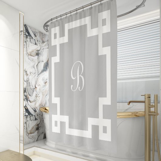 Preppy Monogram White Greek Key Border Gray Duschvorhang
