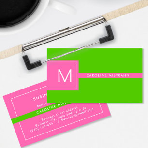 Preppy-Monogramm Rosa und Limettengrün Geschäftlic Visitenkarte