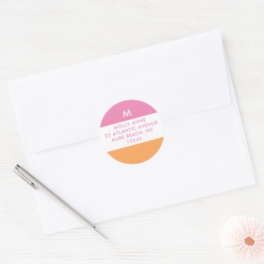 Preppy-Monogramm Rosa und Orange Mädchenhaft Runder Aufkleber (Umschlag)