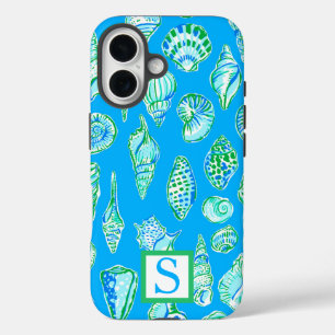 Preppy-Muscheln auf Blue Background Monogram iPhone 16 Hülle