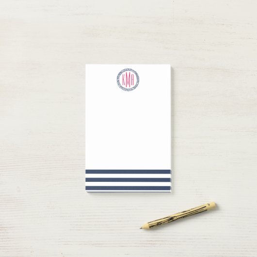 Preppy Nauavy Strip & Pink Monogram Post-it Klebezettel (Auf Schreibtisch)