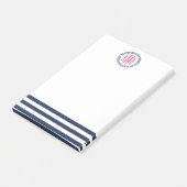 Preppy Nauavy Strip & Pink Monogram Post-it Klebezettel (angewinkelt)