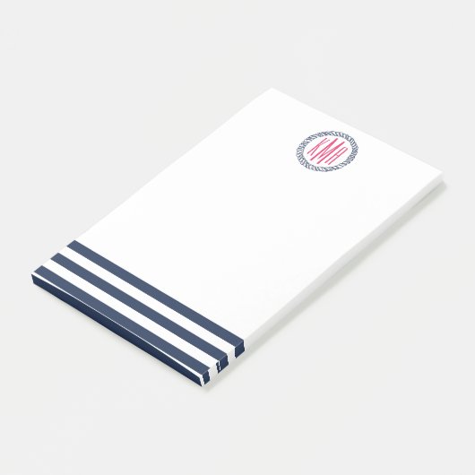 Preppy Nauavy Strip & Pink Monogram Post-it Klebezettel (angewinkelt)