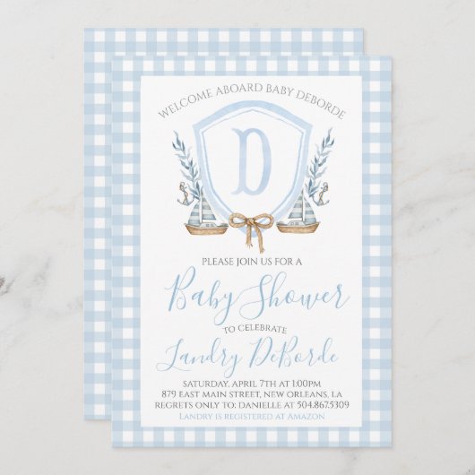 Preppy Nautical Blue Sailboat Boy Baby Dusche Einladung (Vorne/Hinten)
