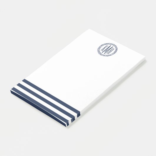 Preppy Nautical Navy Strip & Monogram Post-it Klebezettel (angewinkelt)