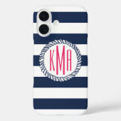 Preppy Nautical Navy & White Strip Pink Monogram Case-Mate iPhone Hülle (Rückseite)