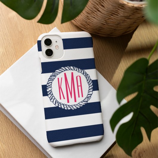 Preppy Nautical Navy & White Strip Pink Monogram Case-Mate iPhone Hülle