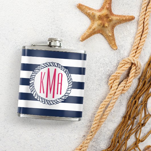 Preppy Nautical Navy & White Strip Pink Monogram Flachmann