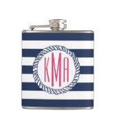 Preppy Nautical Navy & White Strip Pink Monogram Flachmann (Vorderseite)