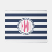 Preppy Nautical Navy & White Strip Pink Monogram Fußmatte (Vorderseite)