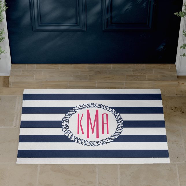 Preppy Nautical Navy & White Strip Pink Monogram Fußmatte (Von Creator hochgeladen)