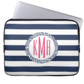 Preppy Nautical Navy & White Strip Pink Monogram Laptopschutzhülle (Vorderseite)