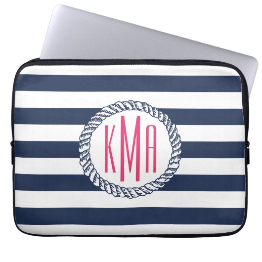 Preppy Nautical Navy & White Strip Pink Monogram Laptopschutzhülle (Vorderseite)
