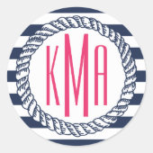 Preppy Nautical Navy & White Strip Pink Monogram Runder Aufkleber (Vorderseite)