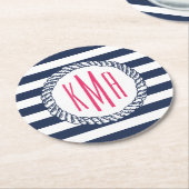 Preppy Nautical Navy & White Strip Pink Monogram Runder Pappuntersetzer (Angewinkelt)