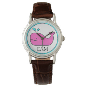 Preppy Nautical Pink und Aqua Whale Monogram Armbanduhr