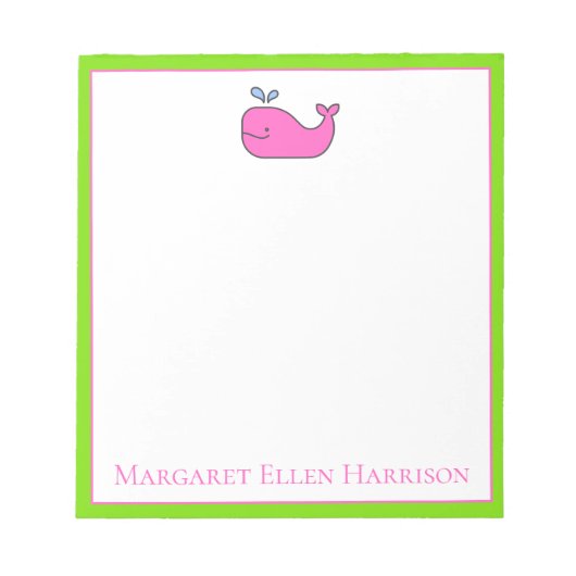 Preppy Nautical Pink und Green Whale Personalisier Notizblock (Vorderseite)