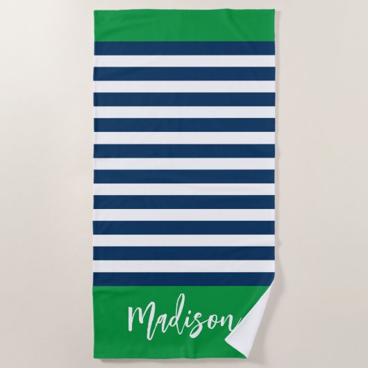Preppy Nautical Strip Navy Green Calligraphy Strandtuch (Vorderseite)
