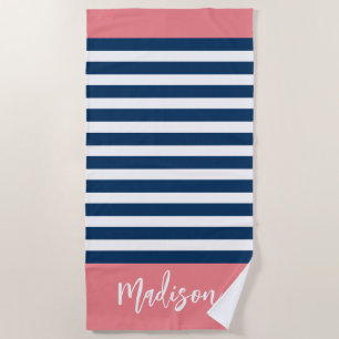 Preppy Nautical Strip Navy Pink Calligraphy Strandtuch