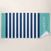 Preppy Nautical Strip Navy Türkis Name Strandtuch (Vorderseite)