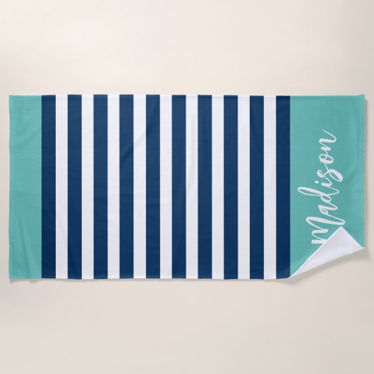 Preppy Nautical Stripe Navy Türkis Calligraphy Strandtuch (Vorderseite)