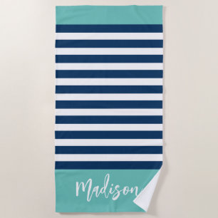 Preppy Nautical Stripe Navy Türkis Calligraphy Strandtuch