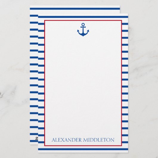 Preppy Nautical Stripes und Anker Personalisiert Briefpapier (Vorne/Hinten)