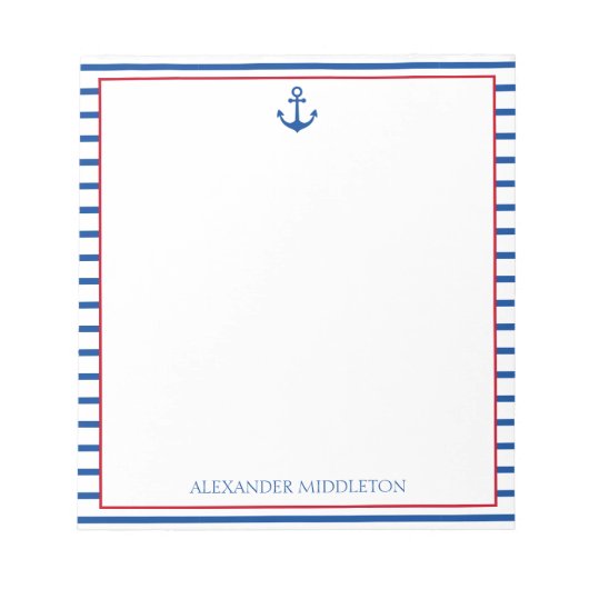 Preppy Nautical Stripes und Anker Personalisiert Notizblock (Vorderseite)