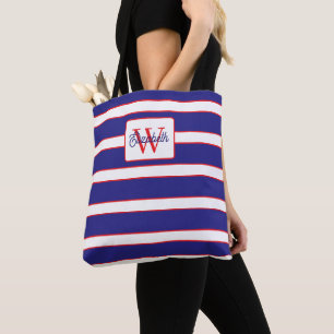 Preppy Navy Blau Rot und Weiß gestreift Monogramm Tasche