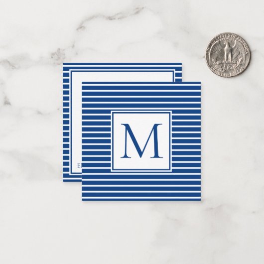 Preppy Navy Blue and White Strip Monogram Mitteilungskarte (Vorderseite/Rückseite Beispiel)