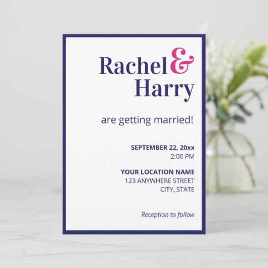 Preppy Navy Blue Border & Hot Pink Stripes Wedding Einladung (Stehend Vorderseite)