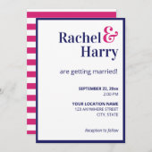 Preppy Navy Blue Border & Hot Pink Stripes Wedding Einladung (Vorne/Hinten)