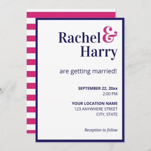 Preppy Navy Blue Border & Hot Pink Stripes Wedding Einladung (Vorne/Hinten)
