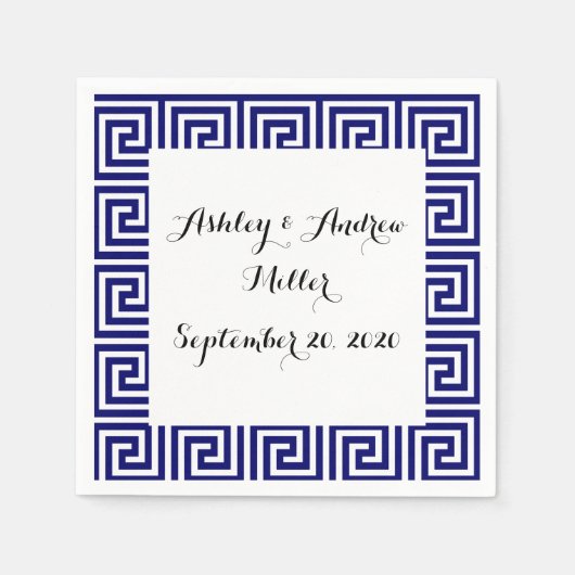 Preppy Navy Blue White Griechisches Schlüsselmuste Serviette (Vorderseite)