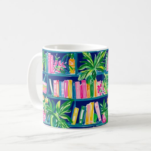 Preppy Navy Bookcase Tropical Kaffeetasse (Vorderseite Links)