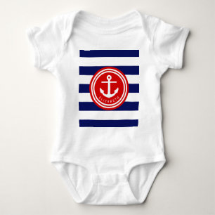 Preppy Navy Nautical Strip Anchor Monogram auf Red Baby Strampler